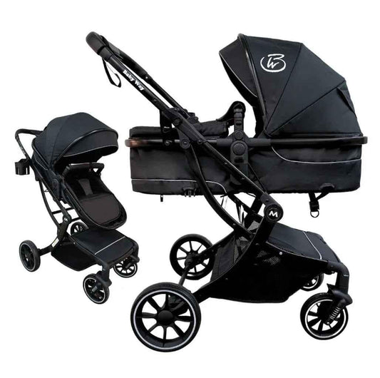 Baby Way NZ 2-in-1 convertible bassinet and stroller in black, showcasing its multifunctional two-way design for infants.
