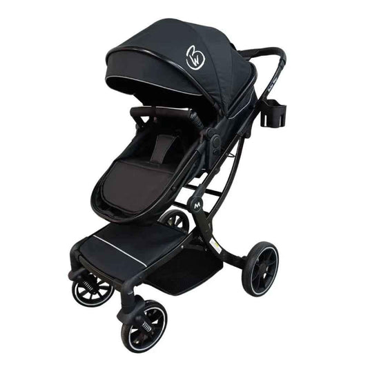 Baby Way NZ 2-in-1 multifunctional convertible bassinet stroller in black, showing the stroller's sleek design and adjustable features.