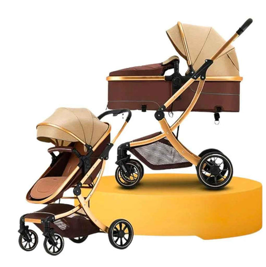 Baby Way NZ The Mint 2-in-1 high view reversible bassinet stroller in khaki, suitable for 0-3 years, with adjustable seating.