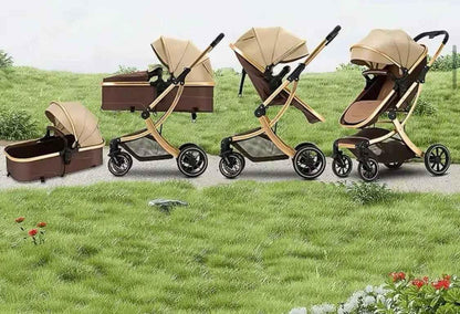 Baby Way NZ The Mint 2-in-1 high view reversible bassinet stroller in khaki, designed for babies 0-3 years, with adjustable features.