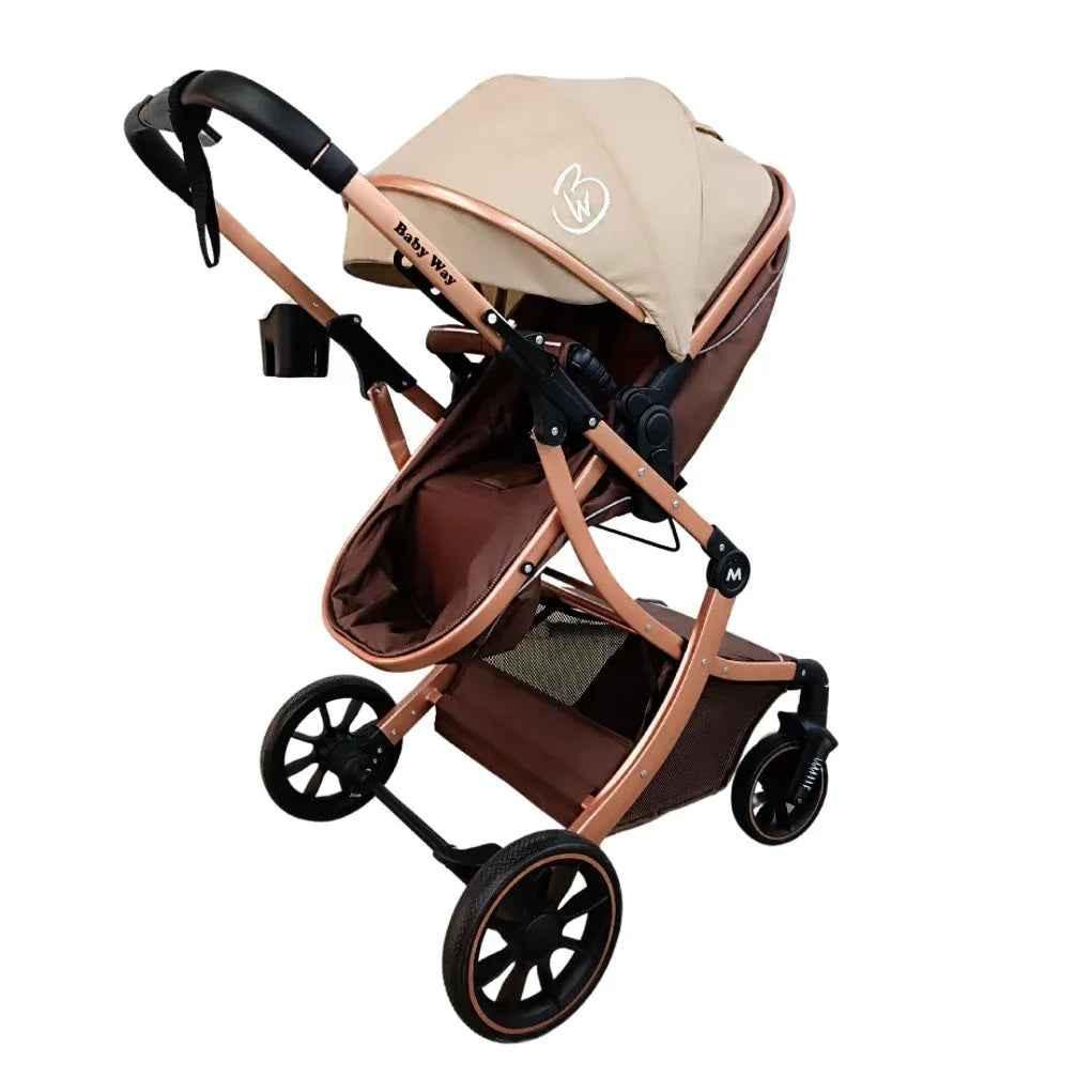 Baby Way NZ The Mint 2-in-1 high view reversible bassinet stroller in khaki, designed for babies 0-3 years, with adjustable features.