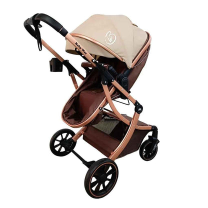 Baby Way NZ The Mint 2-in-1 high view reversible bassinet stroller in khaki, designed for babies 0-3 years, with adjustable features.
