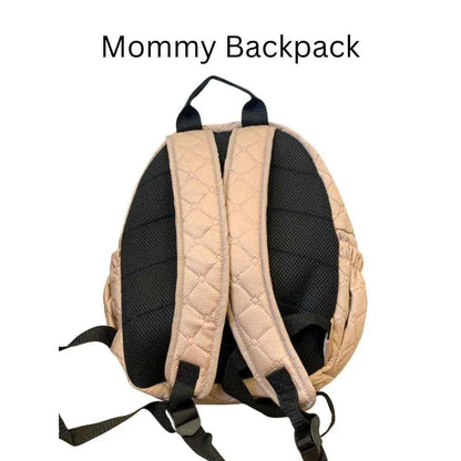 Beige quilted Baby Way NZ diaper bag backpack, lightweight nappy bag with multiple compartments and adjustable straps.