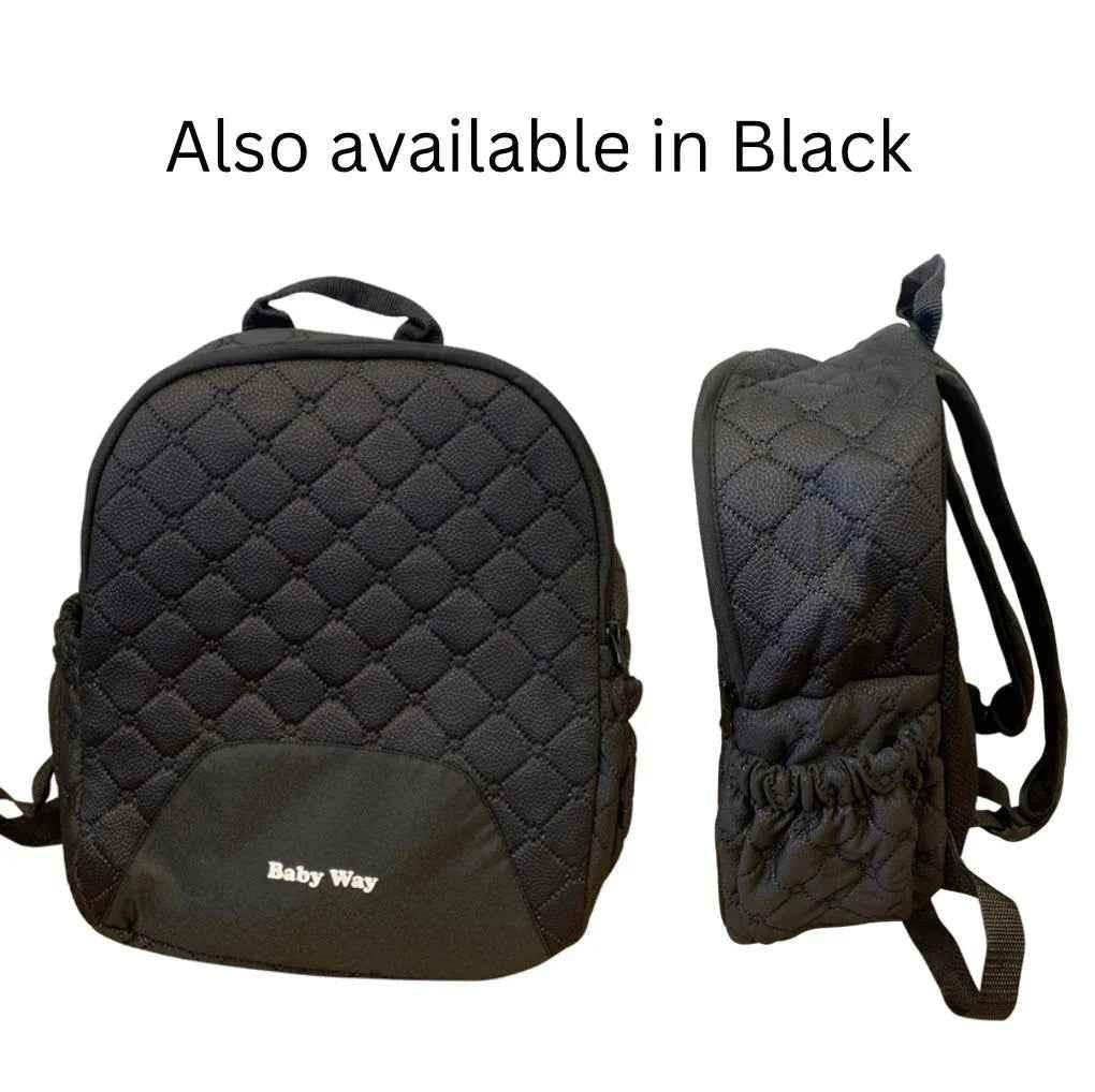 Beige quilted Baby Way NZ diaper backpack, lightweight mommy nappy bag with multiple compartments and adjustable straps.