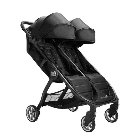Double stroller by Baby Way NZ, Baby Jogger City Tour 2 Compact Double in Pitch Black, featuring two seats and compact design