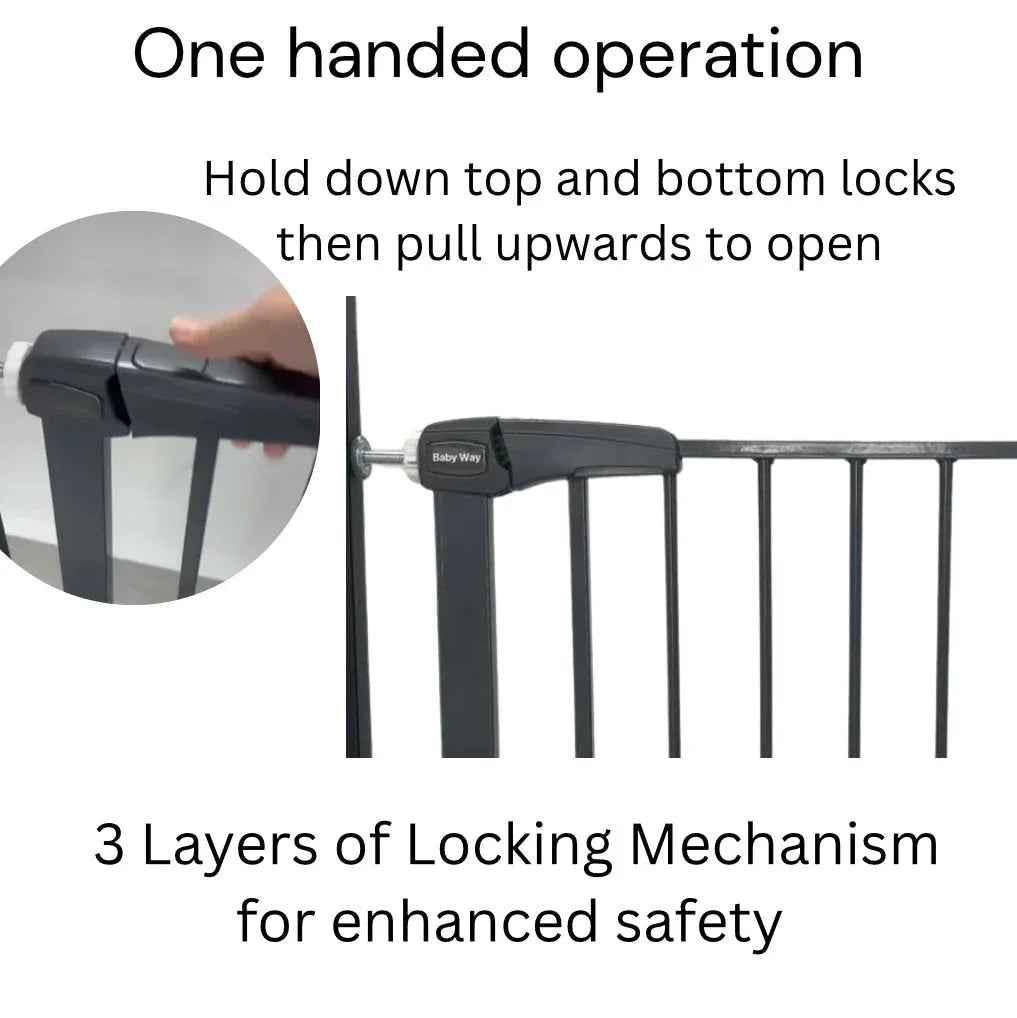 Grey Baby Way NZ safety gate for babies and pets, fits doors 75-84 cm, with secure barrier and easy installation.