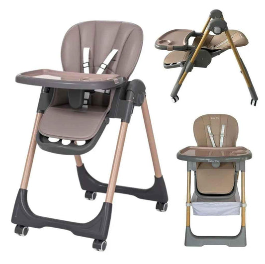 Baby Way NZ Elevate adjustable folding high chair in brown with locking wheels and storage basket, designed for safe feeding.