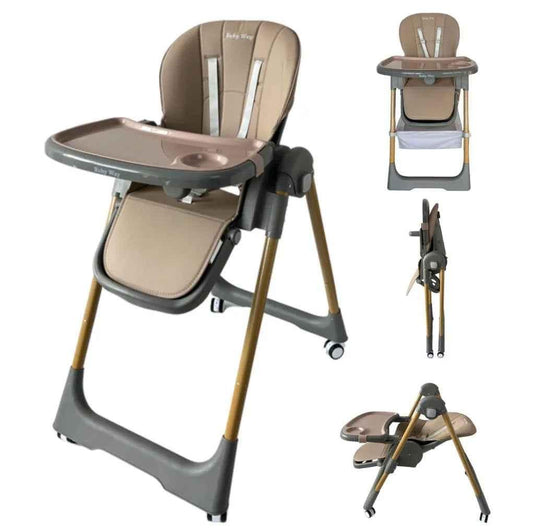 Baby Way NZ Elevate adjustable folding high chair in brown with locking wheels and storage basket, suitable for feeding and seating.