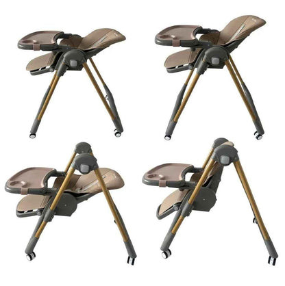 Baby Way NZ Elevate adjustable folding high chair in brown with locking wheels and storage basket, suitable for feeding and seating.