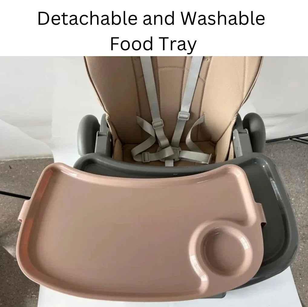 Baby Way NZ Elevate adjustable folding high chair in brown with locking wheels and storage basket, suitable for feeding and seating.