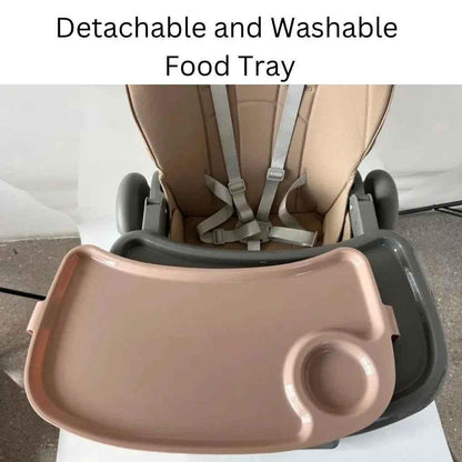 Baby Way NZ Elevate adjustable folding high chair in brown with locking wheels and storage basket, suitable for feeding and seating.