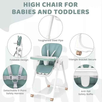 Baby Way NZ Elevate adjustable folding high chair with locking wheels, brown finish and storage basket, designed for easy feeding.