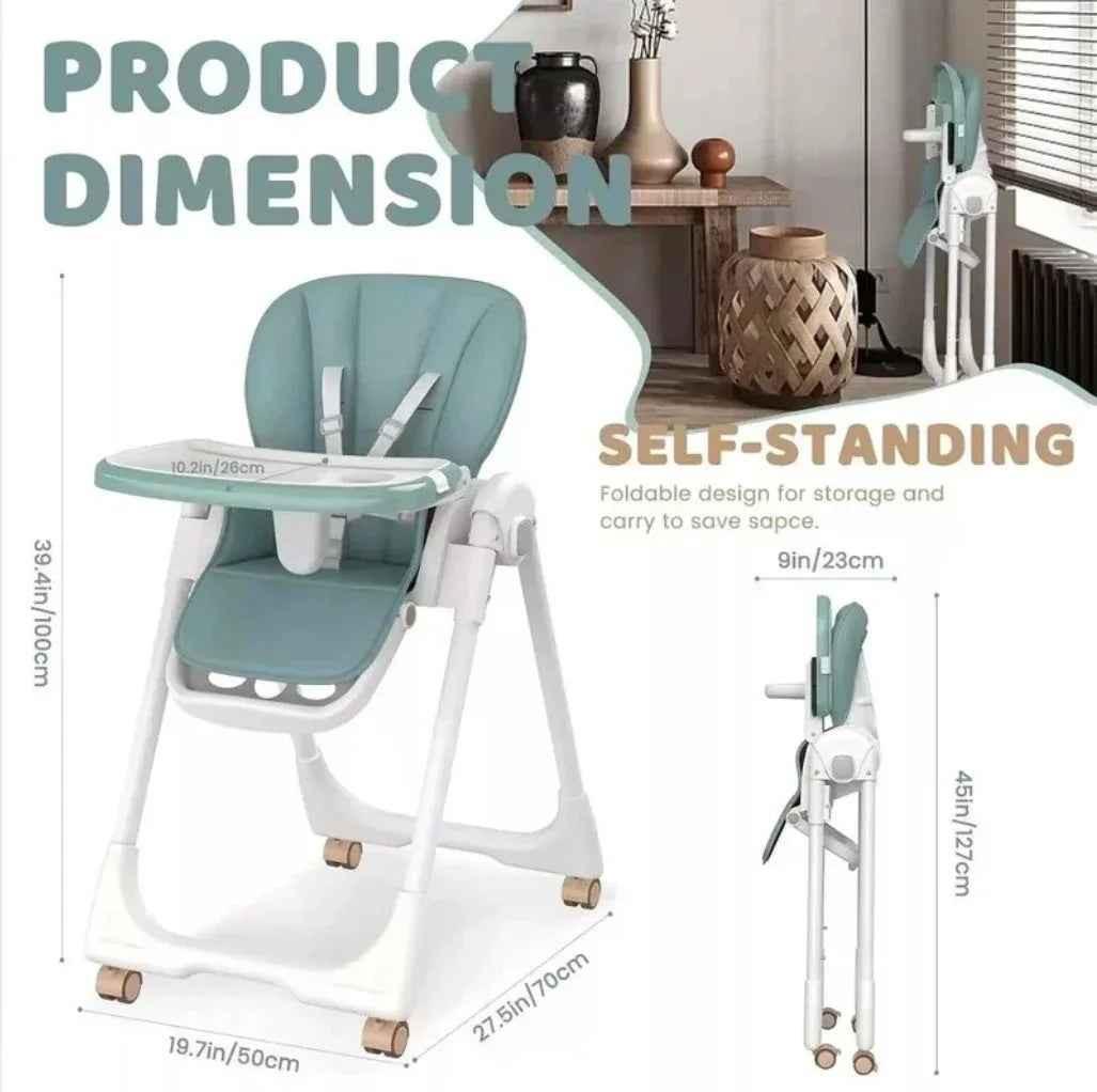 Baby Way NZ Elevate adjustable folding high chair in brown with locking wheels and storage basket, suitable for feeding and seating.