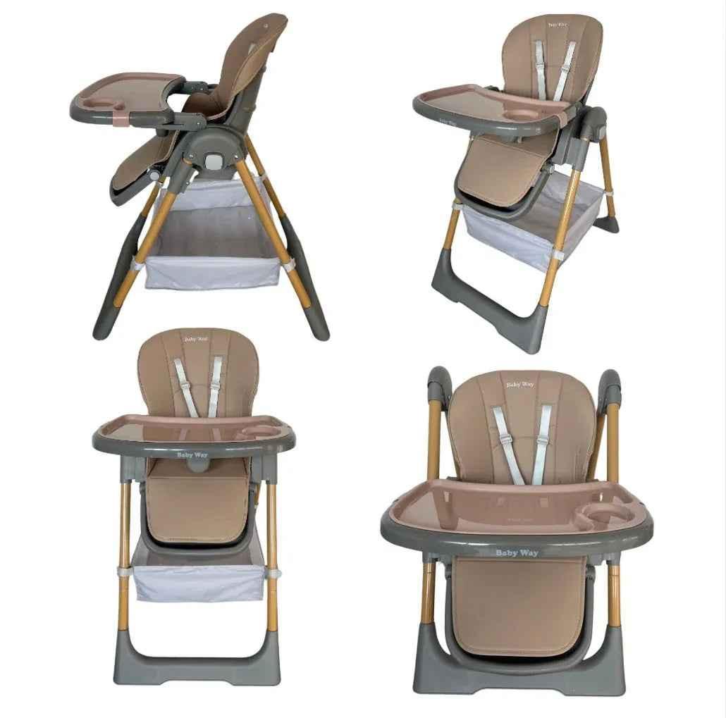 Baby Way NZ Elevate adjustable folding high chair in brown with locking wheels and storage basket, shown with safety straps and tray.