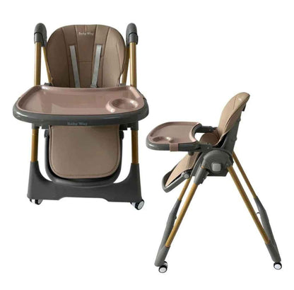 Baby Way NZ Elevate high chair in brown with adjustable height, folding design, locking wheels, and storage basket.