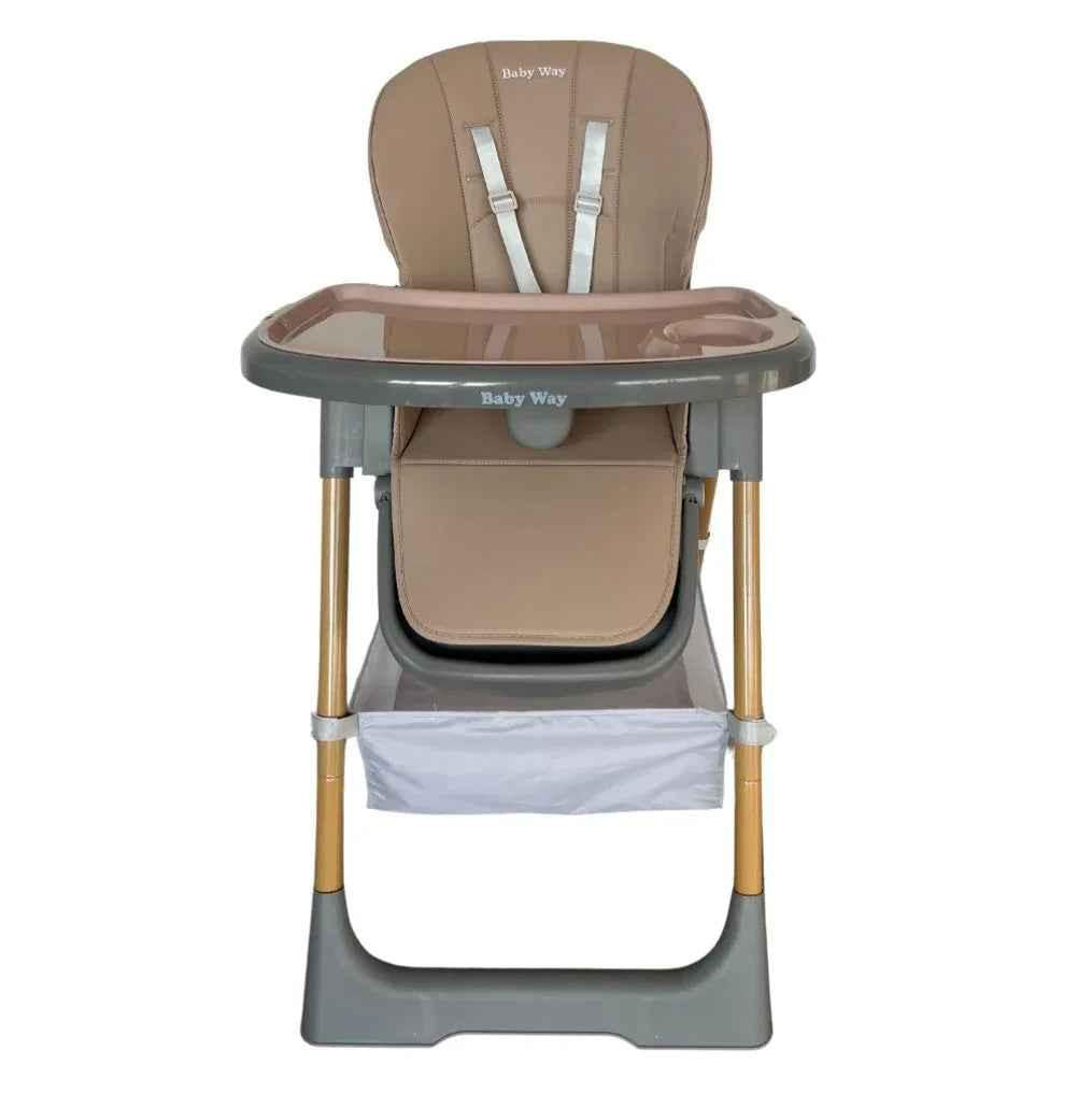 Baby Way NZ Elevate adjustable folding high chair in brown with locking wheels and storage basket, suitable for feeding and seating.