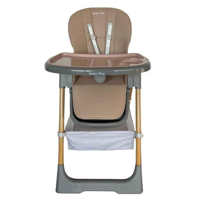 Baby Way NZ Elevate adjustable folding high chair in brown with locking wheels and storage basket, suitable for feeding and seating.