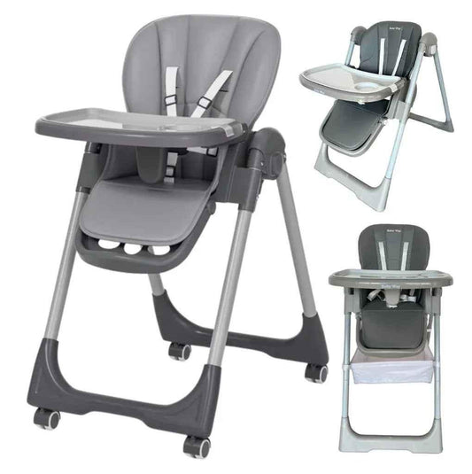 Baby Way NZ Elevate adjustable folding high chair with locking wheels and storage basket in grey, featuring a padded seat and safety straps.