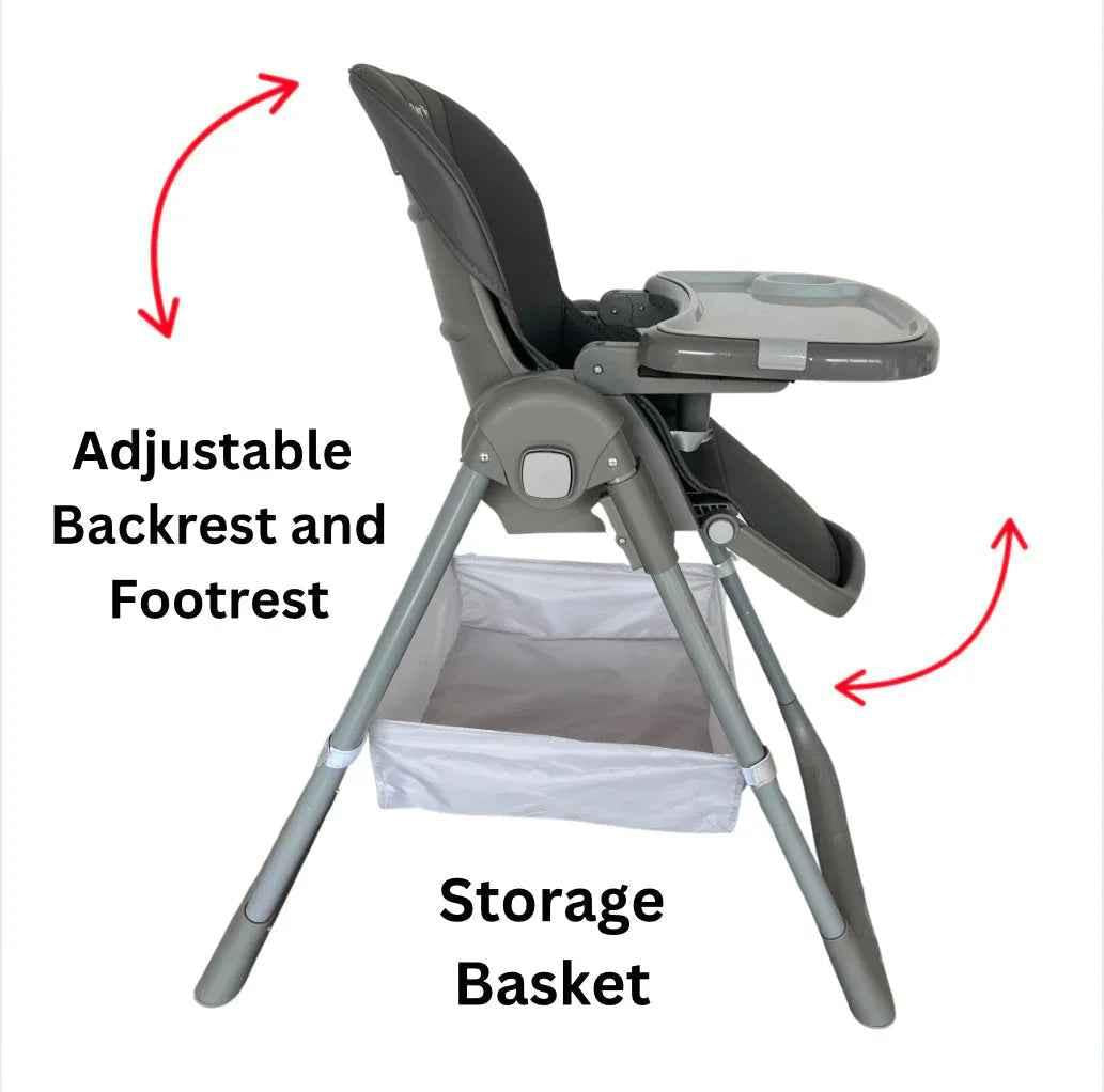 Baby Way NZ Elevate adjustable folding high chair in grey with locking wheels and storage basket, designed for convenient baby feeding.