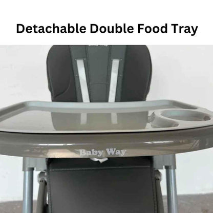 Baby Way NZ Elevate adjustable folding high chair in grey with locking wheels and storage basket, designed for easy meal times.