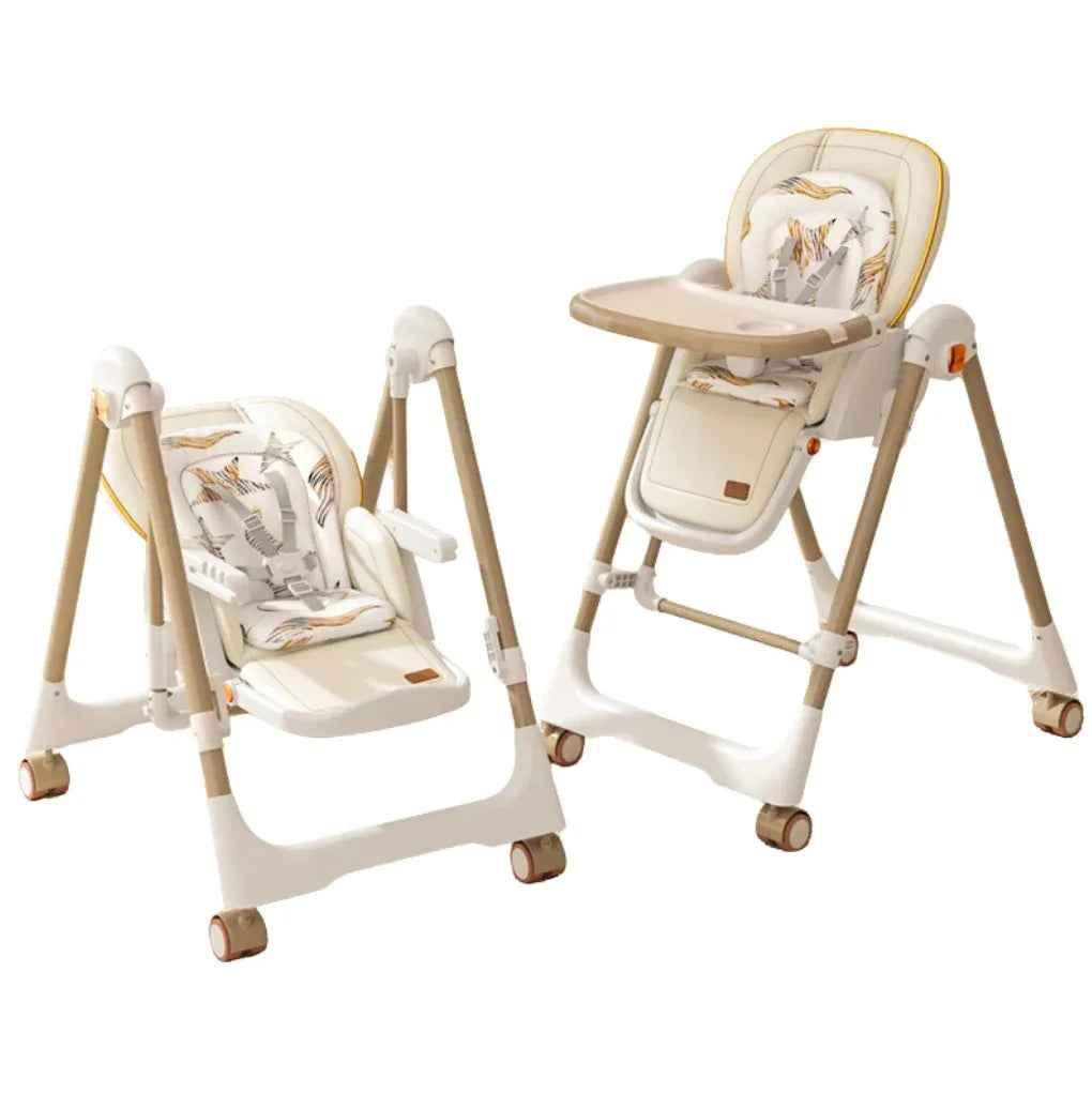 Baby Way NZ Jupiter Beige 2-in-1 High Chair and Swing, showing a beige multifunctional baby high chair with swing features.