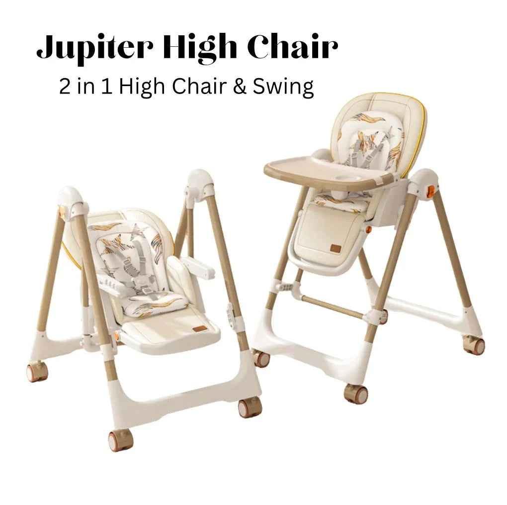 Jupiter Beige 2-in-1 High Chair and Swing by Baby Way NZ, showing the versatile beige high chair with swing features.