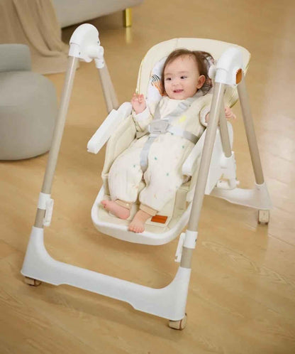 Jupiter Beige Baby Way NZ 2-in-1 high chair and swing, featuring a beige frame with a comfortable seat and adjustable tray.