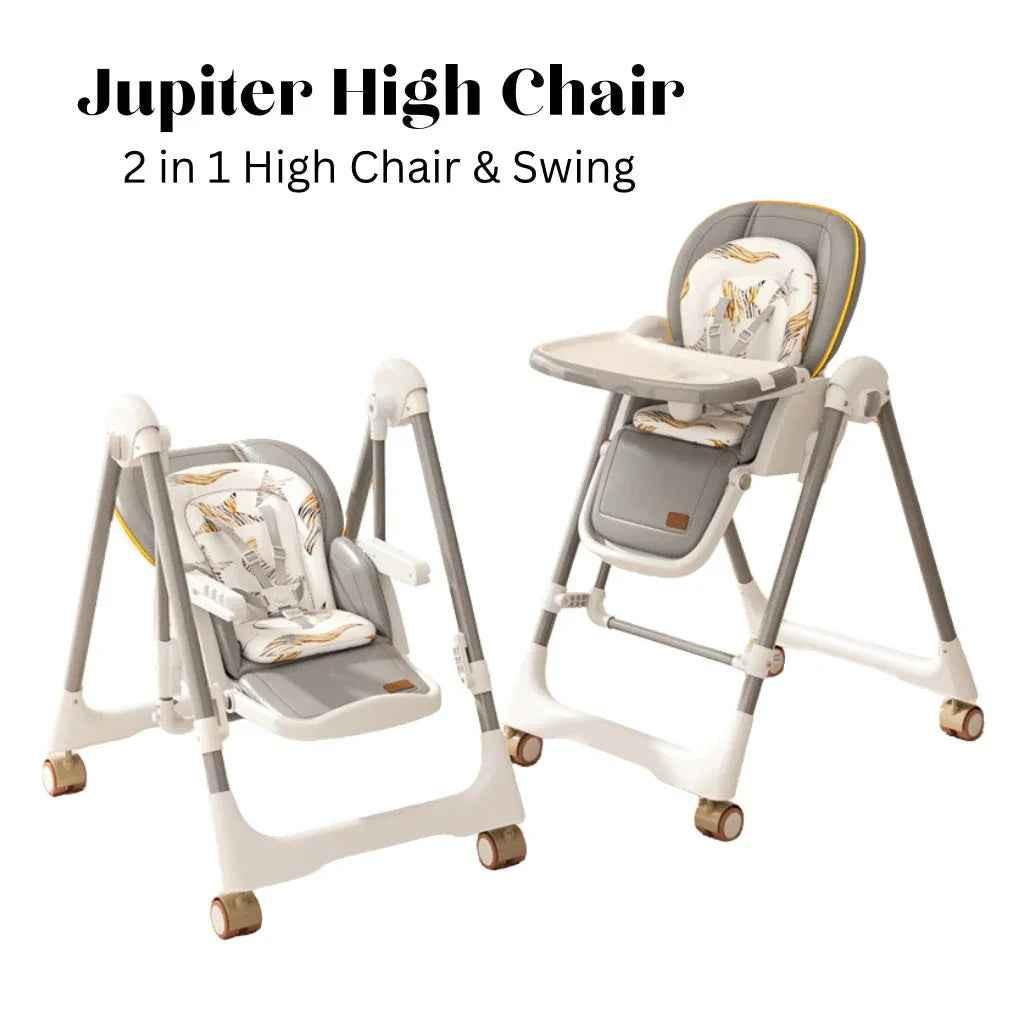 Jupiter Grey Baby Way NZ 2-in-1 baby high chair and swing, adjustable and comfortable for infants and toddlers.