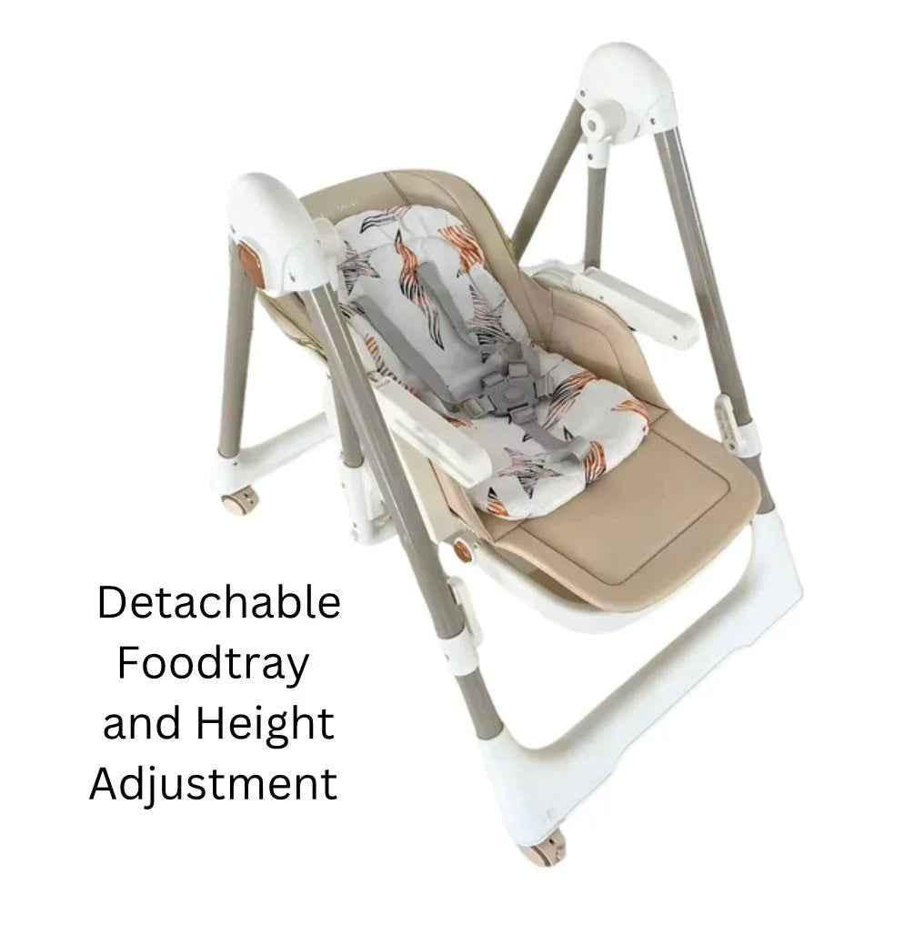 Baby Way NZ Jupiter Grey 2-in-1 baby high chair and swing, showing the convertible design with safety harness and seating area.