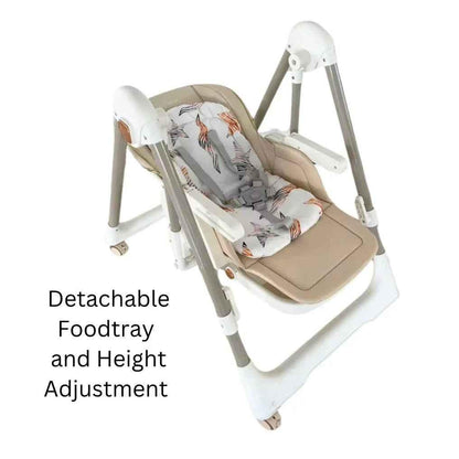 Baby Way NZ Jupiter Grey 2-in-1 baby high chair and swing, showing the convertible design with safety harness and seating area.