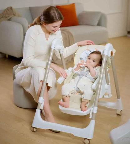 Preorder Baby Way NZ Jupiter Grey 2-in-1 baby high chair and swing, featuring a modern design for versatile feeding and relaxing.