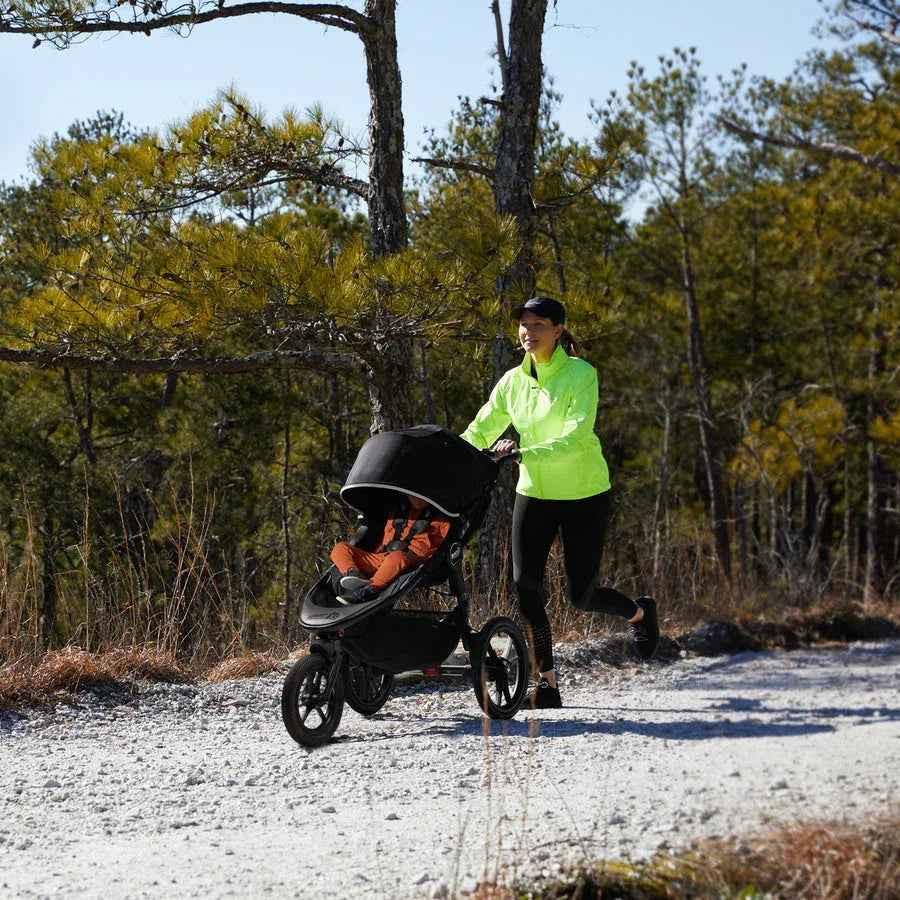 Baby Jogger Summit X3 jogging stroller in Midnight Black with sturdy frame and large wheels, ideal for active families.
