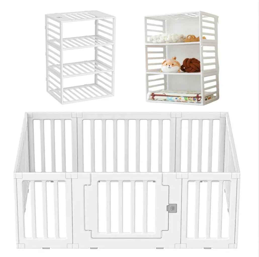 Baby Way NZ 2-in-1 convertible baby playpen with 10 pieces and storage rack, featuring colorful panels and safety gate.