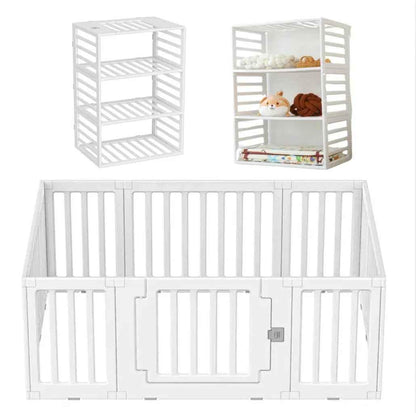 Baby Way NZ 2-in-1 convertible baby playpen with 10 pieces and storage rack, featuring colorful panels and safety gate.