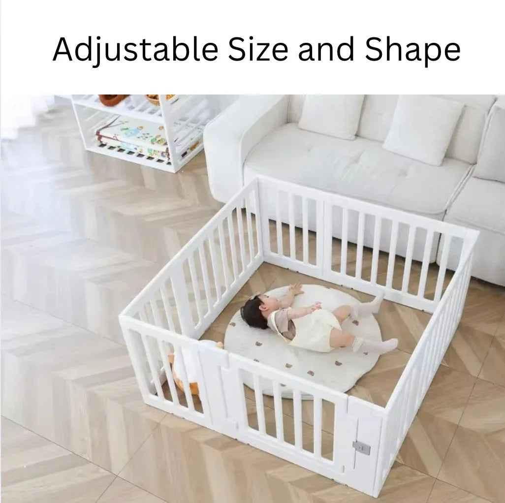 Baby Way NZ 2-in-1 convertible baby playpen with 10 pieces and storage rack, featuring soft safety padding and modular design.