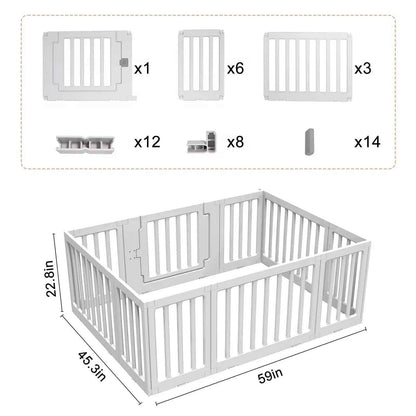 Baby Way NZ 2-in-1 convertible baby playpen with 10 pieces and storage rack, showing flexible play yard setup with safety panels and storage shelves.