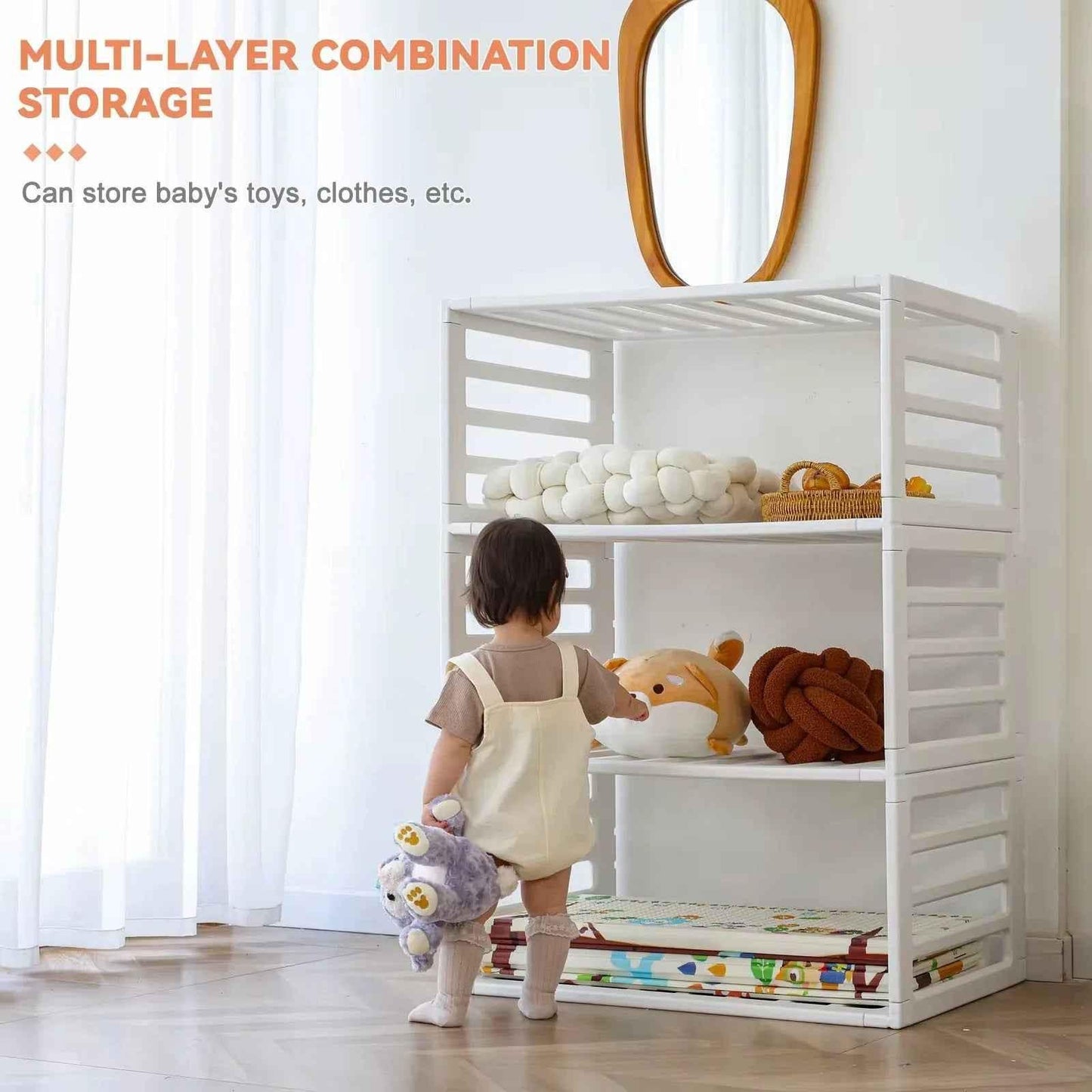 Baby Way NZ 2-in-1 convertible baby playpen with 10 pieces and storage rack, showing colorful safety panels and foldable design.