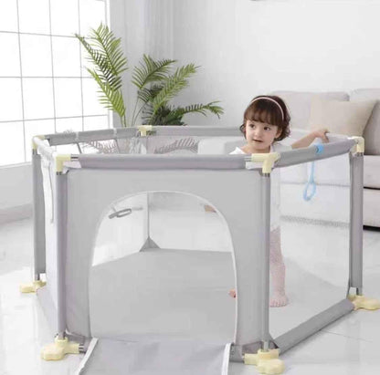 Hexagon Baby Playpen by Baby Way NZ with zipper door, safe play yard for kids, providing a secure play area with breathable sides.