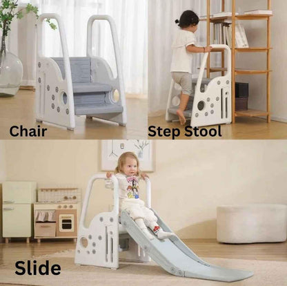 Baby Way NZ 3-in-1 toddler slide, chair, and step stool for indoor play, featuring colorful, kid-friendly design for active toddlers.