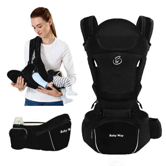 Black Baby Way NZ ergonomic multi-function baby carrier with hip seat for ages 0-36 months, made of soft-structured material.