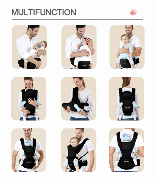 Black ergonomic Baby Way NZ soft-structured baby carrier with hip seat for ages 0-36 months, featuring adjustable straps and padded support.