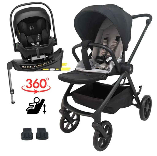 Baby Way NZ Crown Y Luxury Travel System with reversible stroller, reclining i-Size capsule, and rotating ISOFIX base for infants.