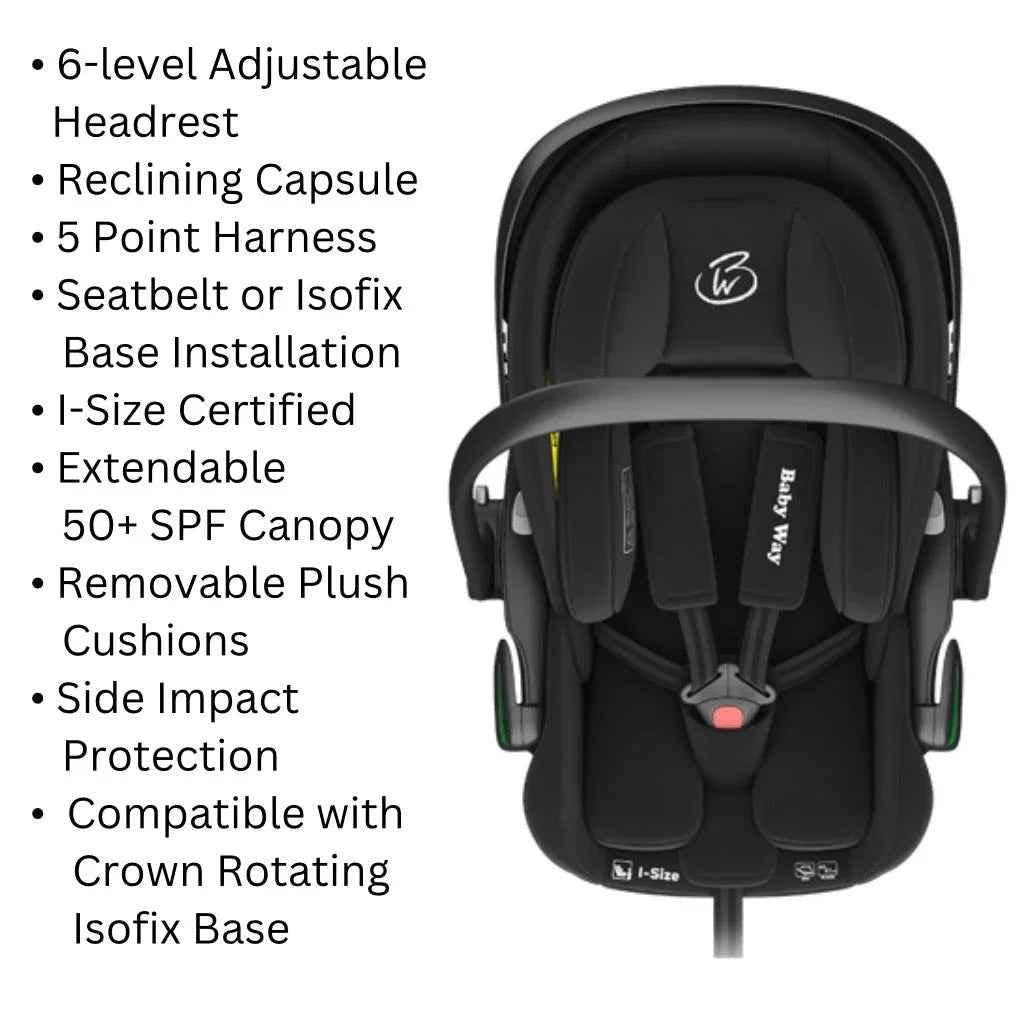 Baby Way NZ Crown Y Luxury Travel System with reversible stroller, reclining i-Size capsule, and rotating ISOFIX base.