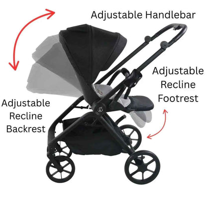 Baby Way NZ Crown Y Luxury Travel System with reversible stroller, reclining i-Size capsule, and rotating ISOFIX base.
