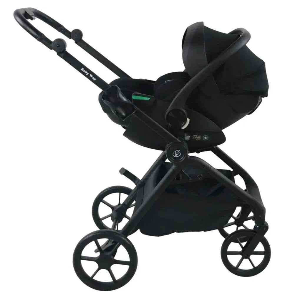 Baby Way NZ Crown Y Luxury Travel System with reversible stroller, reclining i-Size capsule, and rotating ISOFIX base for infants.