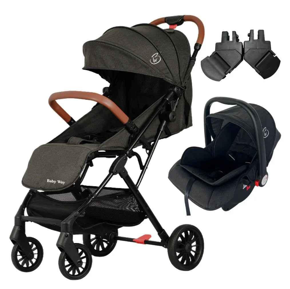 Baby Way NZ The Glide compact travel stroller and capsule car seat combo with pull handle, shown in a neutral setting.
