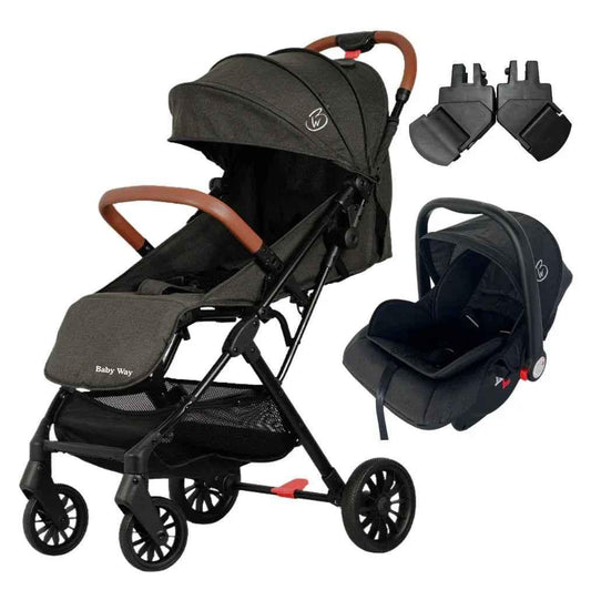 Baby Way NZ The Glide compact travel stroller and capsule car seat combo with pull handle, shown in a neutral setting.