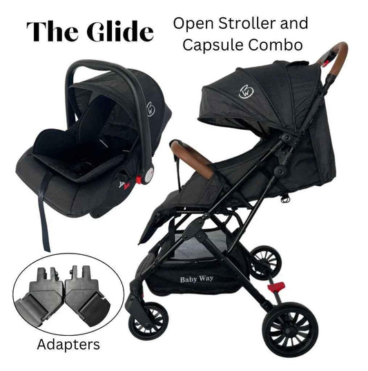 Baby Way NZ The Glide compact travel stroller with capsule car seat, pull handle, and adjustable features for convenient travel.