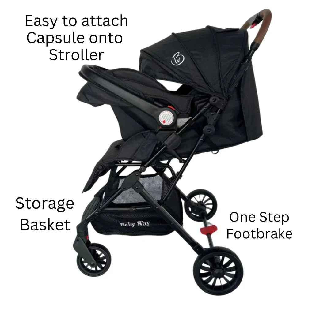 Baby Way NZ The Glide compact travel stroller and capsule car seat combo with pull handle, black and gray design, ready for travel.