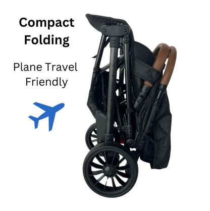Baby Way NZ The Glide compact travel stroller and capsule car seat combo with pull handle, shown with adjustable seat and safety harness.